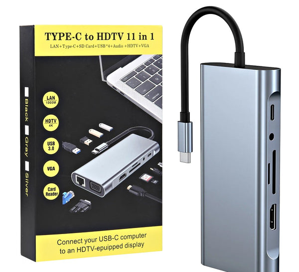 TYPE-C TO HDTV 11 IN 1 (LAN+ TYPE-C +SD CARD + USB*4 + AUDIO+ HDTV+ VGA)