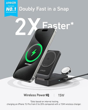 Anker MagGo 15w Wireless Charging Station (Foldable 3-in-1) With Charger And Usb-c Cable