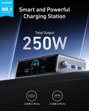 Anker Prime Charger( 250w, 6 ports ,gan prime /4 usb-c ,2 usb-a) Smart power control A2345241ASH
