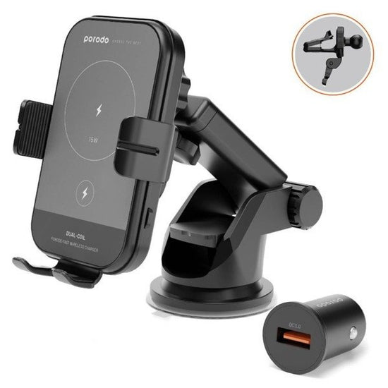 PORODO 3 IN 1 DUAL COIL WIRELESS CHARGER 15W CAR MOUNT QC 3.0 CAR CHARGER included