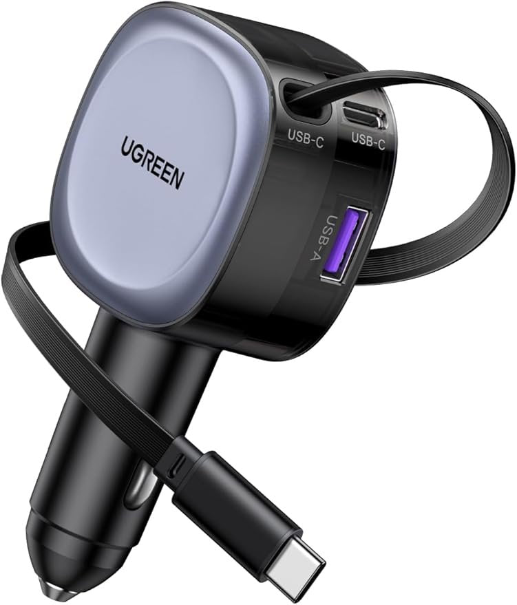 Ugreen 75w fast car charger with retractable cable (1x usb-c cable,1x usb-c,1x usb-a)Ec601