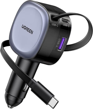 Ugreen 75w fast car charger with retractable cable (1x usb-c cable,1x usb-c,1x usb-a)Ec601