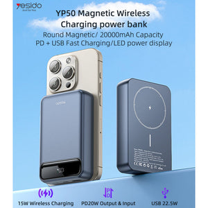 YESIDO POWER BANK LED DIGITAL DISPLAY SUPPORT PD/QC2.0/3.0/FCP/PS/AFC PROTOCOL 15W WIRELESS OUTPUT YP50